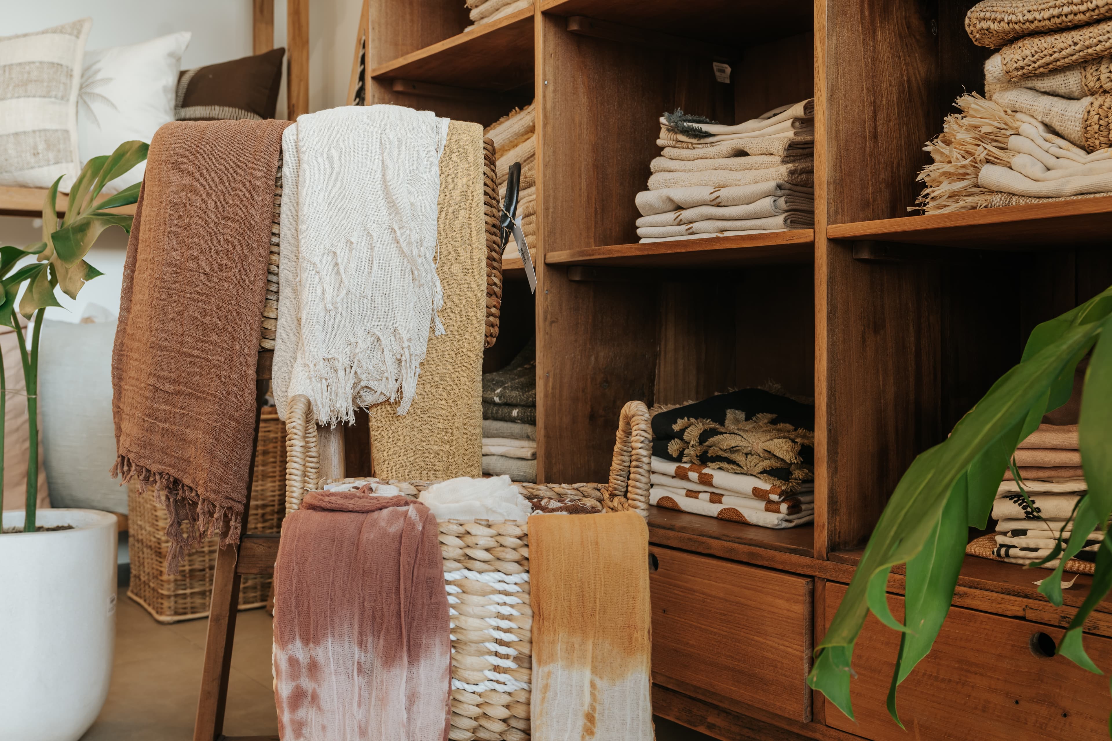 Natural linen and woven textile cushions in warm tones